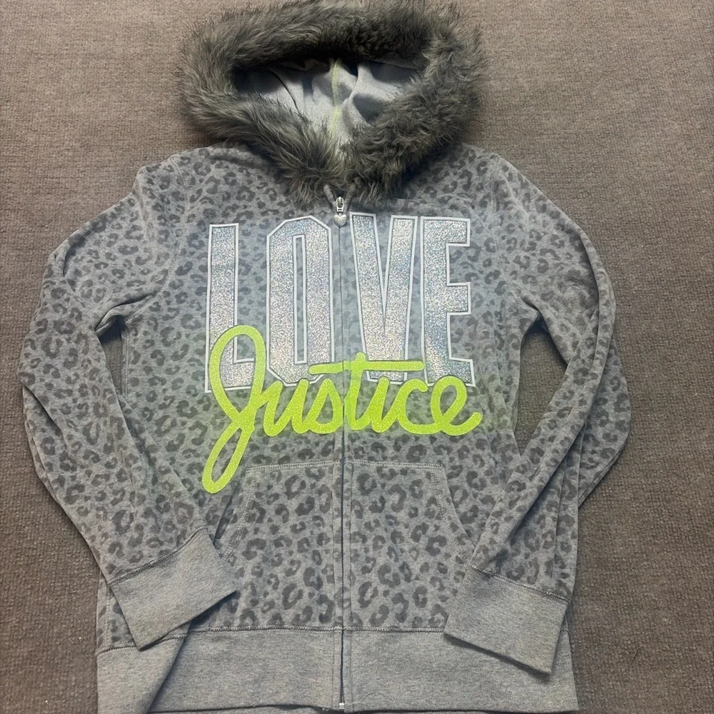 Justice Girls' Grey Leopard Print 'LOVE Justice' Zip Hoodie w Faux Fur Hood 0704